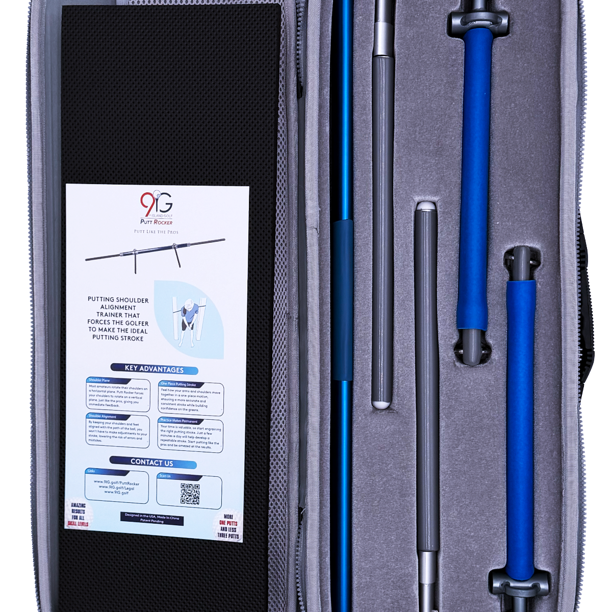 Open case displaying putting shackle trainer with blue and silver components, 9G logo visible.